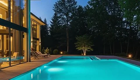 Luxury home pool at night time. Stock Illustration