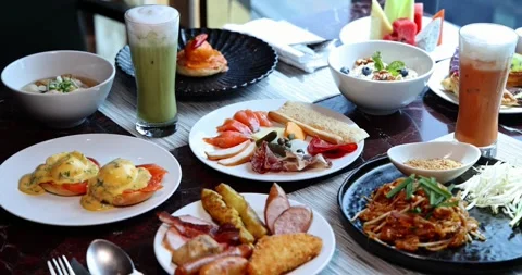 Luxury Hotel Breakfast Buffet Spread on Table Stock Footage 323727851