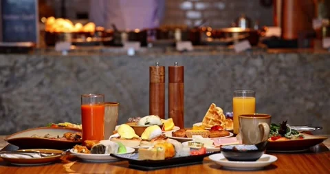 Luxury Hotel Breakfast Buffet Spread Eggs Benedict Fresh Juice Pastrie Stock Footage 329562513