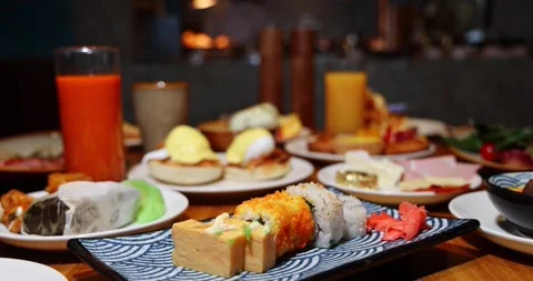 Luxury Hotel Breakfast Buffet Sushi Eggs Benedict Fresh Juice Stock Footage 329053085