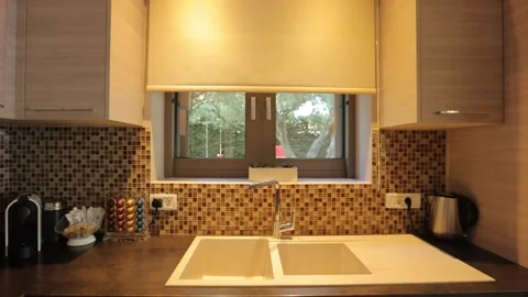 Luxury hotel room kitchen table with a window. Stock Footage 202085990