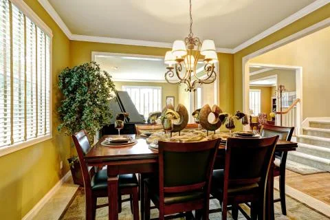 Luxury house interior. served dining table in bright room Stock Photos