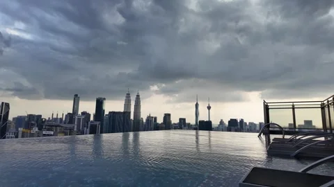 Luxury infinity pool condo Kuala Lumpur Malaysia skyline urban city Petronas Stock Footage 334811100