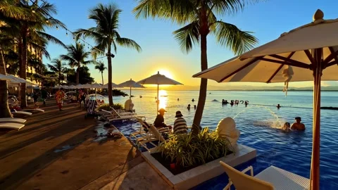 Luxury infinity pool during sunset in Dusit Thani Cebu Philippines Stock Footage 334328479