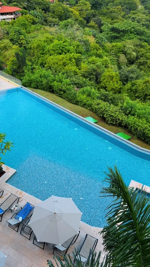 Luxury infinity pool overlooking tropical bay and ocean Stock Footage 331572038