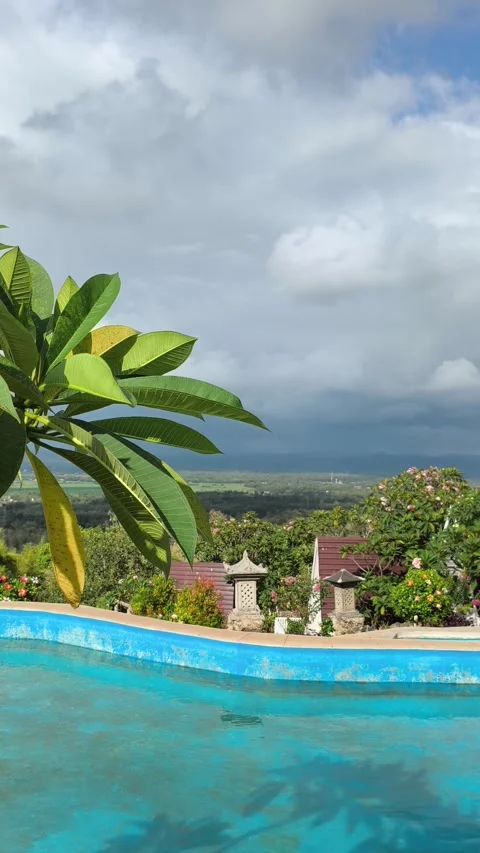Luxury Infinity Pool View Bali Valley Traditional Shrines Tropical Landscape Stock Footage 340464702