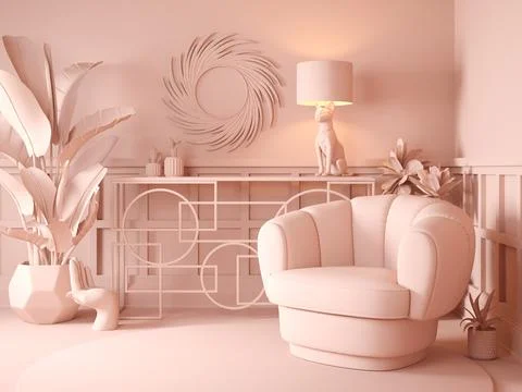 Luxury Interior. Modern art deco plain living room interior 3D illustration Stock Illustration