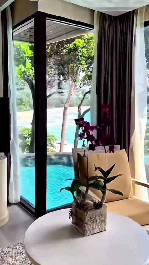 Luxury Interior View with Pool and Garden Through Window Stock Footage 331530798