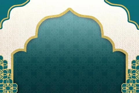 Luxury Islamic background featuring teal and white arched frame with gold g.. Stock Illustration