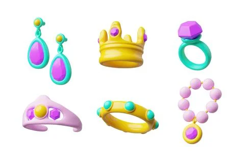 Luxury jewelry elements vector 3D collection, colorful ring, crown, earrings Stock Illustration