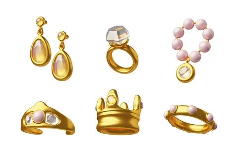 Luxury jewelry elements vector 3D collection, golden ring, crown, earrings Stock Illustration