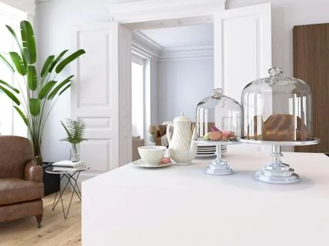 Luxury kitchen with cake on the table. 3d rendering Stock Illustration