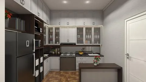 Luxury Kitchen Design with Full Storage Cabinet and Shelving Rack Display 스톡 일러스트