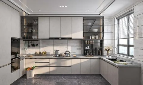 Luxury kitchen interior design with complete utilities placement ideas for .. Stock-Illustration