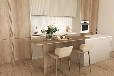 Luxury kitchen interior with white marble and wooden floor, wooden countertops Illustrazione stock