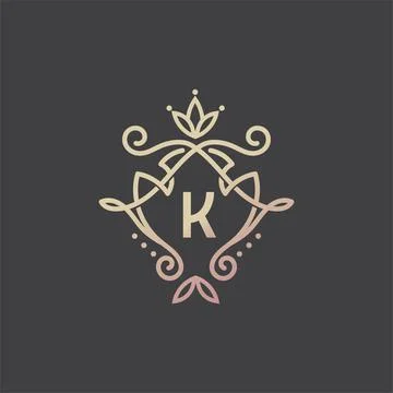 Luxury linear shield with floral monogram letter K logotype Stock Illustration
