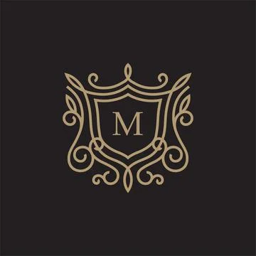 Luxury linear shield with floral monogram letter M logotype Stock Illustration