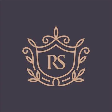 Luxury linear shield with floral monogram letter RS logotype Stock Illustration