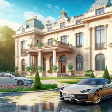 Luxury Mansion with garden. Expensive cars in the mansion. Stock Illustration