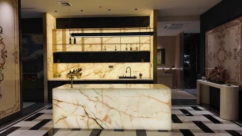Luxury Marble Kitchen Island With Backlit Shelves in Modern High-End Interior Stock Footage 336088881