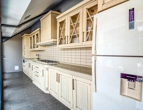 Luxury Modern Kitchen Interior with Classic White Cabinets and Premium Appliance Stock Photos
