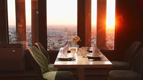 Luxury modern restaurant table set up on TV tower high viewpoint. Romantic .. Stock-Footage 279837772