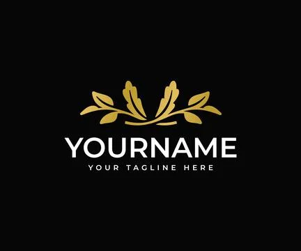 Luxury monogram crest logo design. Golden branch with leaves vector design Illustration
