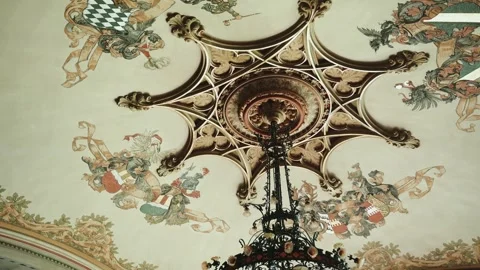 Luxury old ceiling of Caux Palace hotel in Switzerland, view from bellow Stock Footage 256221109