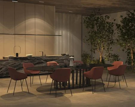 Luxury open kitchen and dining room with night lighting, green plants - trees Illustrazione stock