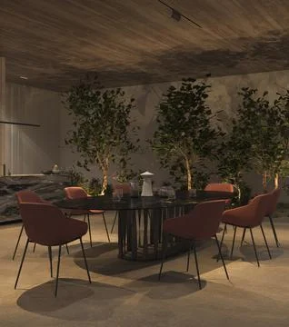 Luxury open kitchen and dining room with night lighting, green plants, stone Stock Illustration