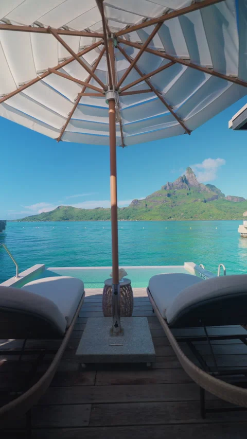 Luxury Overwater Bungalow Deck with Infinity Pool and Mount Otemanu View. Stock Footage 342210772