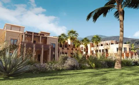 Luxury palace in mountains, 3d render Stock Illustration