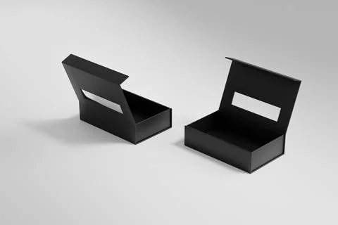 Luxury paper box packaging mockup, black gift box with window display Stock Illustration