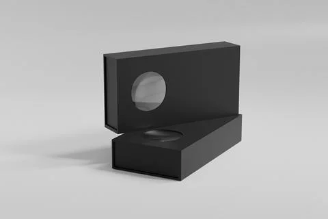 Luxury paper box packaging mockup, black gift box with window display Stock Illustration