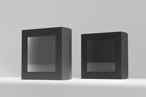 Luxury paper box packaging mockup, black gift box with window display Illustrazione stock