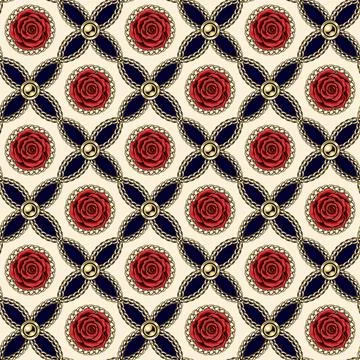 Luxury pattern with gold realistic chains, circles, roses Stock Illustration