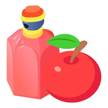 Luxury perfume icon isometric vector. Beautiful bottle of perfume and red apple Illustration