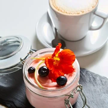 Luxury pink berry mousse served in an artisanal glass jar with fresh blueberries Stock Photos