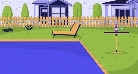 Luxury poolside area cartoon flat illustration Stock Illustration