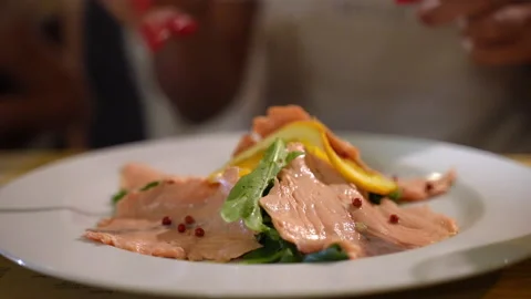 Luxury portion of expensive red salmon fish on white plate, sliced, smoked and Stock-Footage 170058169