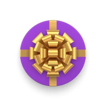 Luxury purple circle gift box with golden bow ribbon top view 3d icon realist Stock Illustration