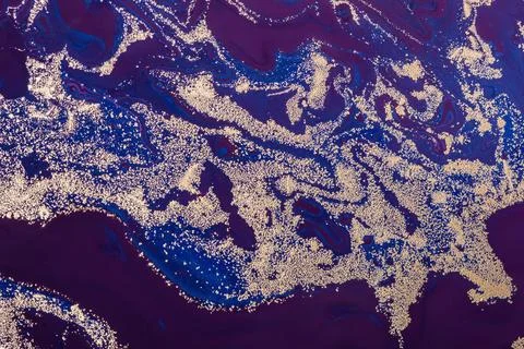 Luxury Purple Waves Pattern with Gold sparkles. Acrylic Fluid Art. Abstrac... Stock Photos