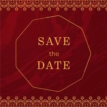 Luxury Red Marble Save The Date Wedding Card Template with Gold Geometric F.. Stock Illustration