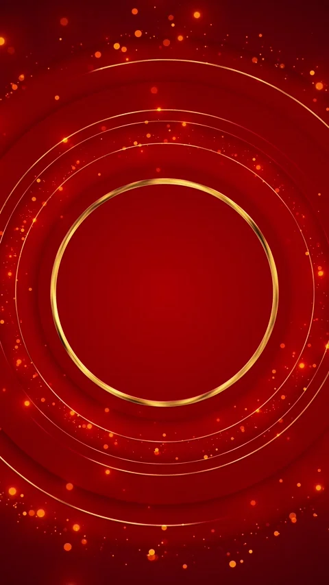 Luxury red round ring template polished golden circle, curved layers, bokeh, emp Stock Footage 340455921