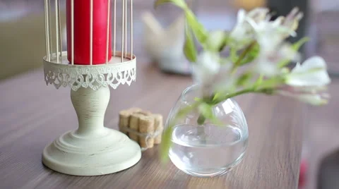 Luxury restaurant interior with Red candle burning on table Stock Footage 67456594