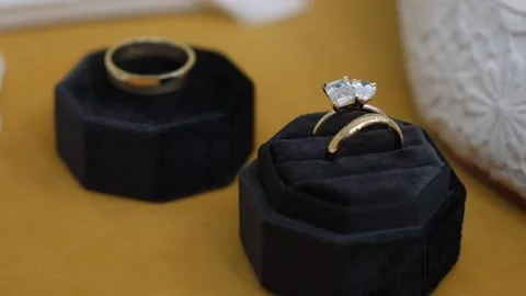 Luxury Ring With Diamond On Soft Fabric, Romantic Gold Ring Displayed On Velvet Stock Footage 323780361