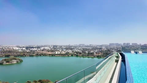 Luxury Rooftop Infinity Pool with City Skyline View. Bangalore Real estate Stock Footage 329504349