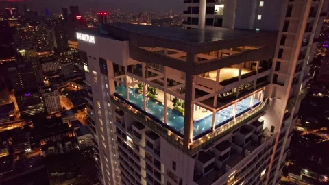 Luxury Rooftop Pool on High Rise Building in Kuala Lumpur at Night Stock Footage 344013629