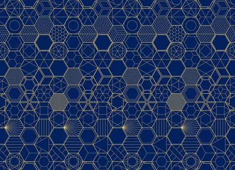 Luxury seamless geometric pattern with intricate gold line hexagons on a navy Stock Illustration