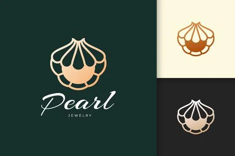 Luxury shell or clam logo with pearl gem for jewelry or beauty brand Stock Illustration